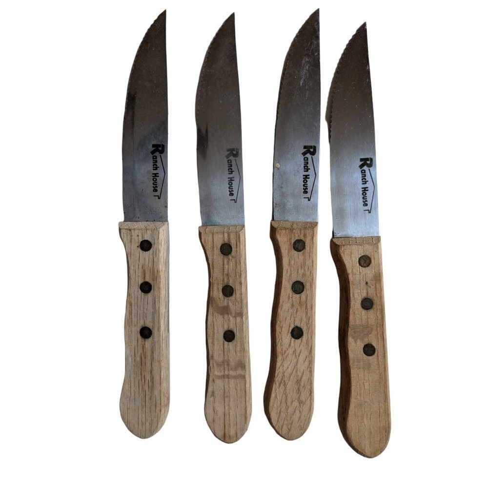 Vintage Ranch House steak knife set of‎ 4 wood handles  stainless